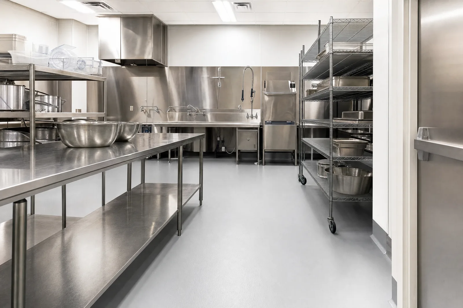Commercial kitchen with seamless light grey urethane floor and coved base