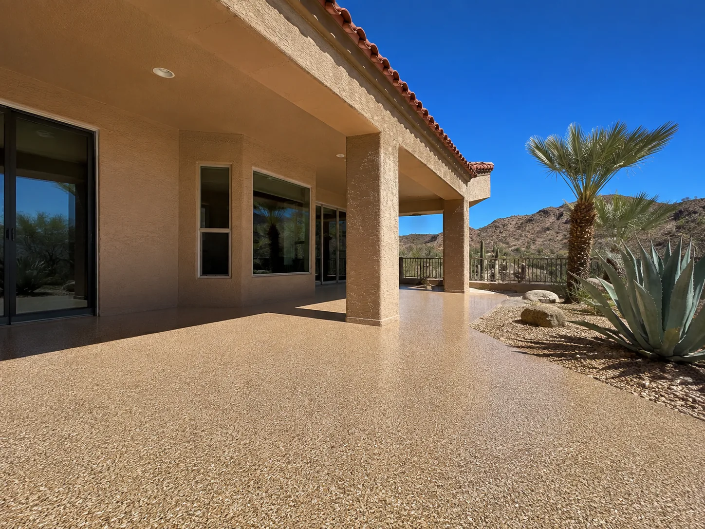 Coated back patio at a Southwest desert home with satin flake finish
